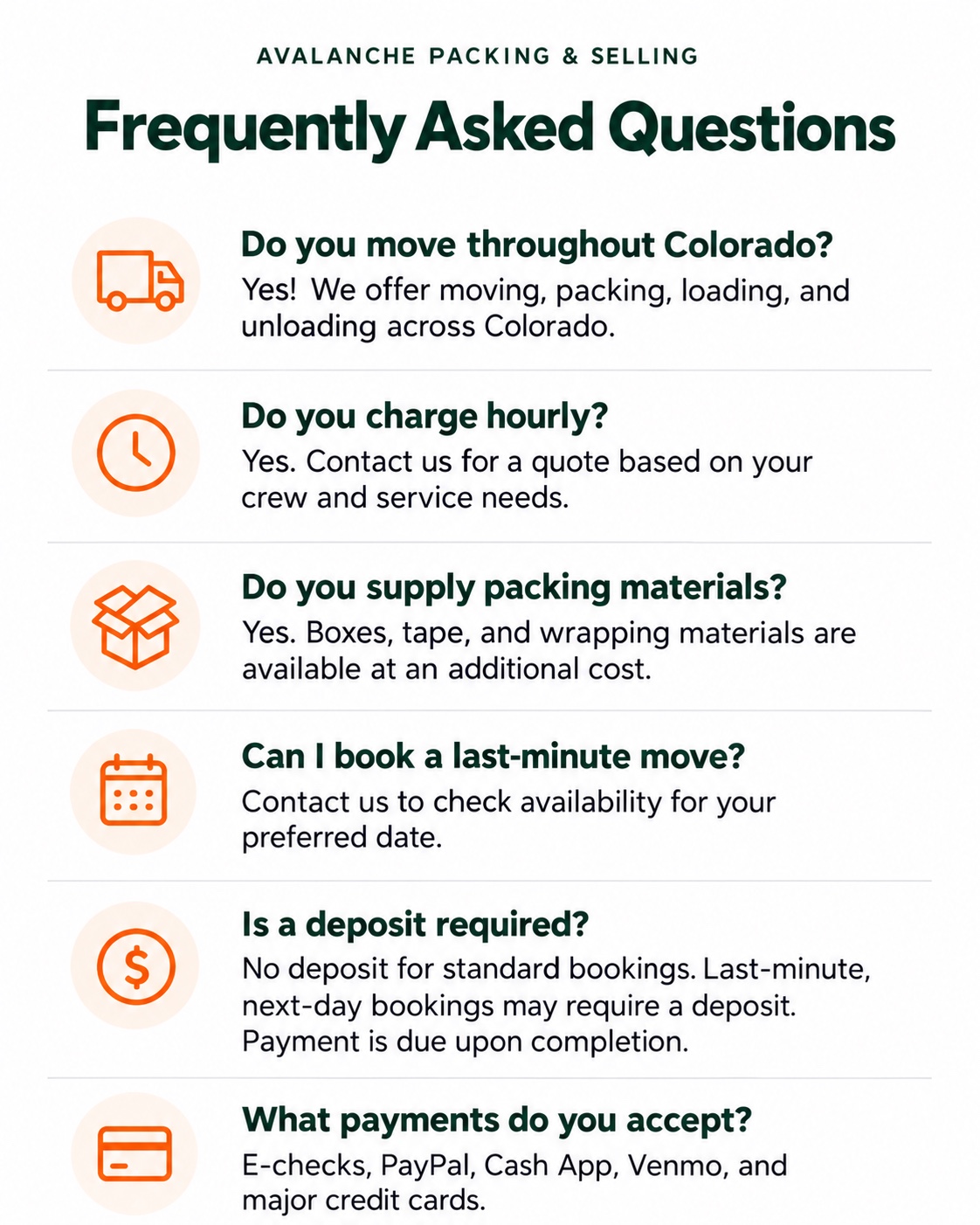 Avalanche Packing and Selling frequently asked questions: Colorado services, hourly quotes, packing materials, last-minute bookings, deposits, and payment methods.